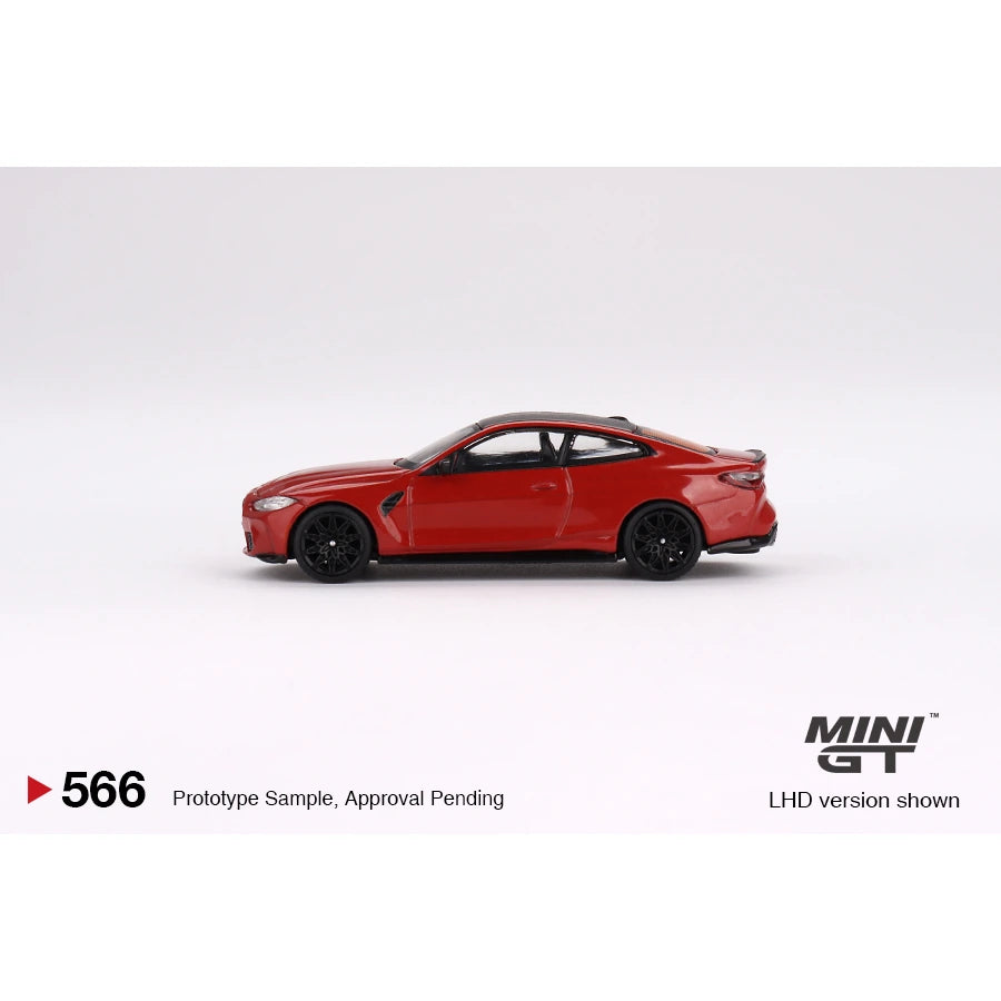 MiniGT 1:64 scale BMW M4 Competition die-cast model in Toronto Red Metallic with black roof, #566.
