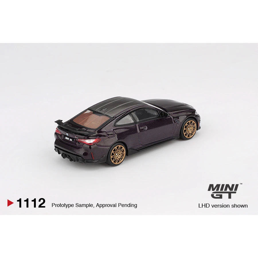 MINI GT 1:64 BMW M4 M-Performance die-cast model in Daytona Violet.