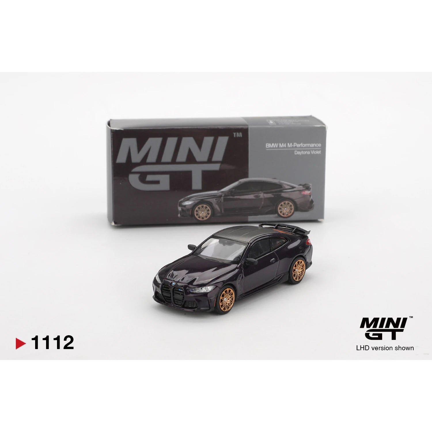 MINI GT 1:64 BMW M4 M-Performance die-cast model in Daytona Violet.