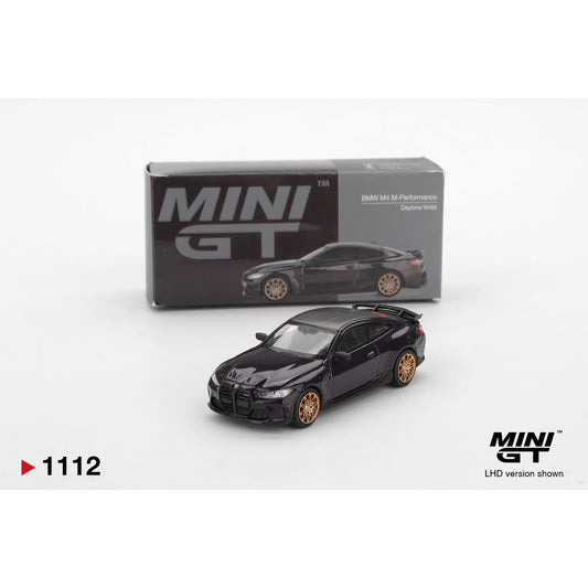 MINI GT 1:64 BMW M4 M-Performance die-cast model in Daytona Violet.