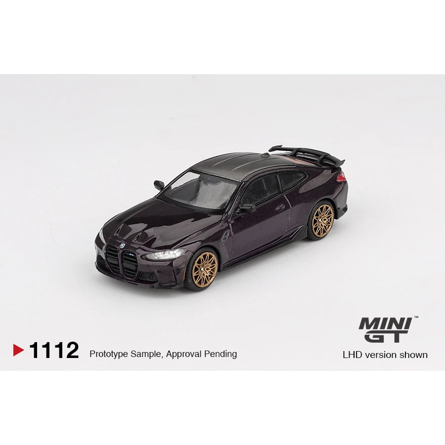 MINI GT 1:64 BMW M4 M-Performance die-cast model in Daytona Violet.