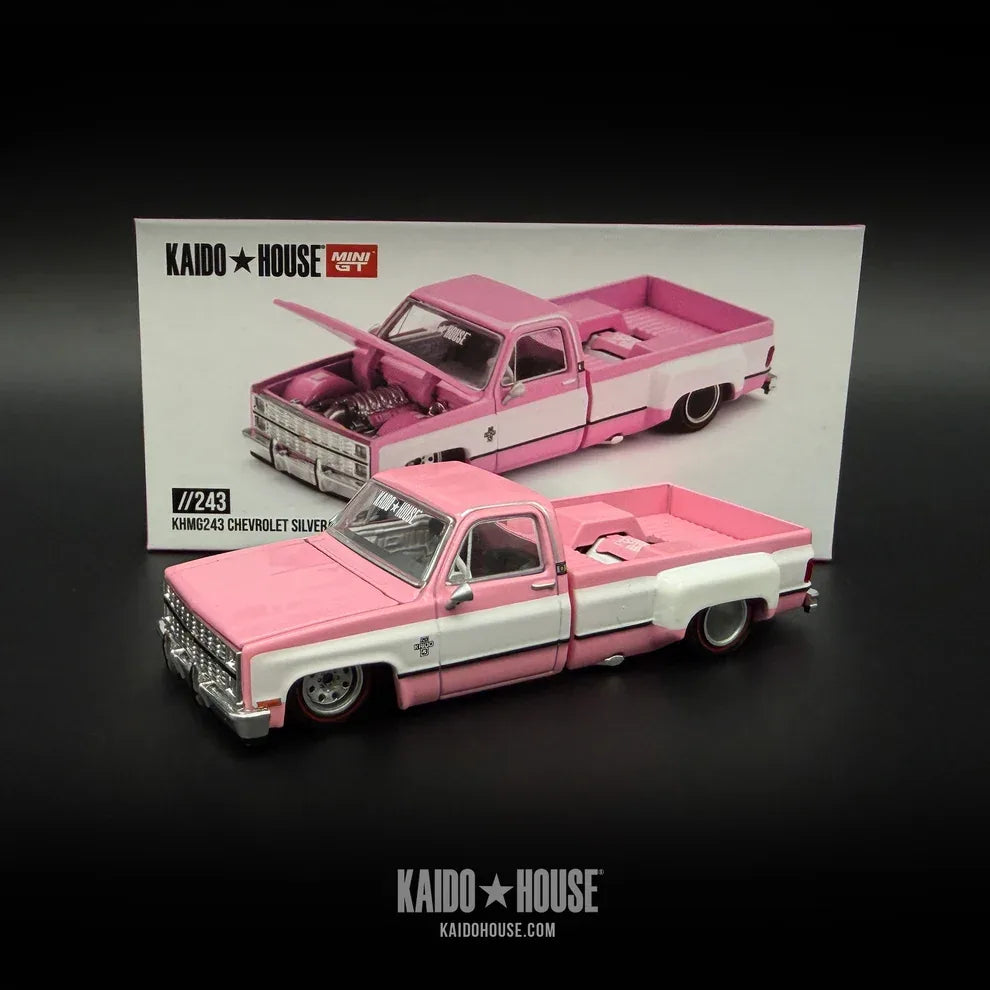 Kaido House x Mini GT Chevrolet Silverado Dually Vintage Spec V2 KHMG243 in pale pink metallic.