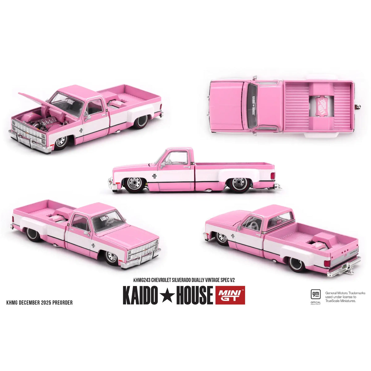 Kaido House x Mini GT Chevrolet Silverado Dually Vintage Spec V2 KHMG243 in pale pink metallic.