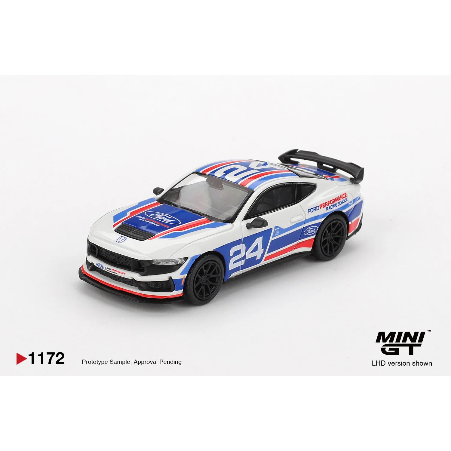 Mini GT 1:64 Ford Mustang Dark Horse #24 Ford Performance Racing School MGT01172 die-cast collectible model.
