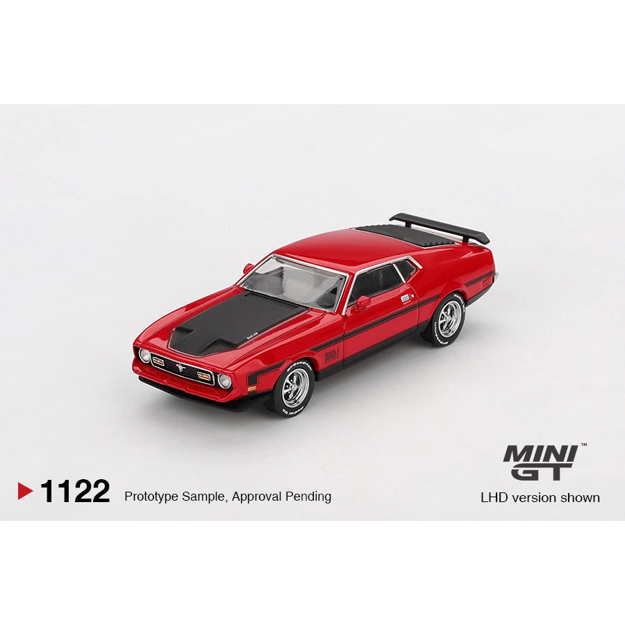 MiniGT 1:64 scale die-cast model of 1971 Ford Mustang Mach 1 in Race Red with LHD configuration.