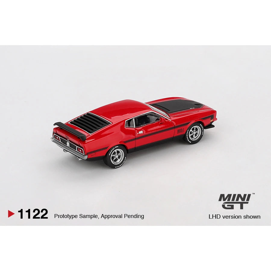 MiniGT 1:64 scale die-cast model of 1971 Ford Mustang Mach 1 in Race Red with LHD configuration.