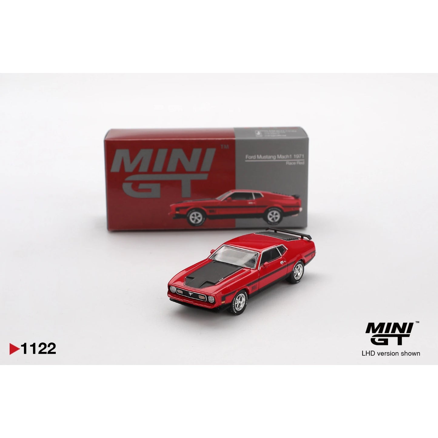 MiniGT 1:64 scale die-cast model of 1971 Ford Mustang Mach 1 in Race Red with LHD configuration.