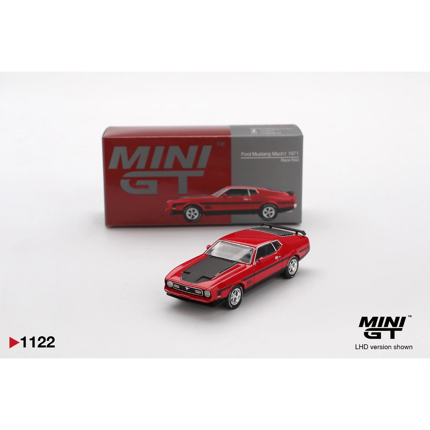 MiniGT 1:64 scale die-cast model of 1971 Ford Mustang Mach 1 in Race Red with LHD configuration.