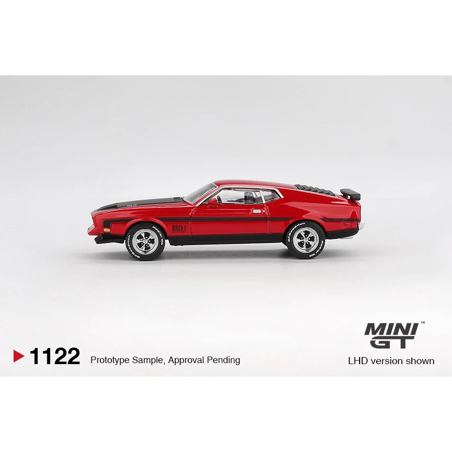 MiniGT 1:64 scale die-cast model of 1971 Ford Mustang Mach 1 in Race Red with LHD configuration.