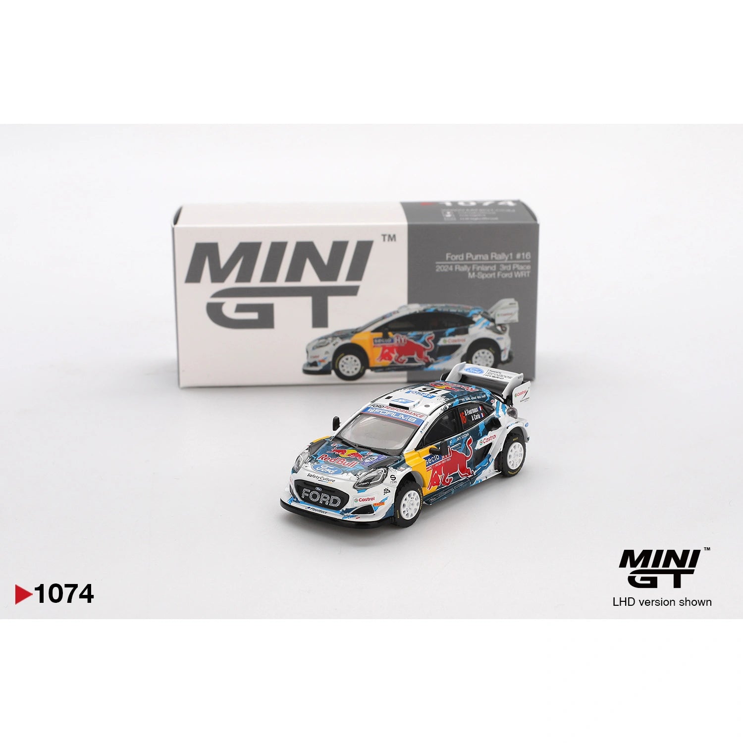 Mini GT 1:64 scale Ford Puma Rally1 #16 M-Sport Ford WRT 2024 Rally Finland die-cast model commemorating 3rd place finish