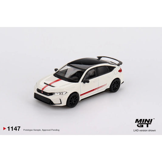 Mini GT 1:64 Honda Civic FL5 Type R Ultimate Edition Championship White 2025 diecast model with red stripes, black roof and rear wing MGT01147-L