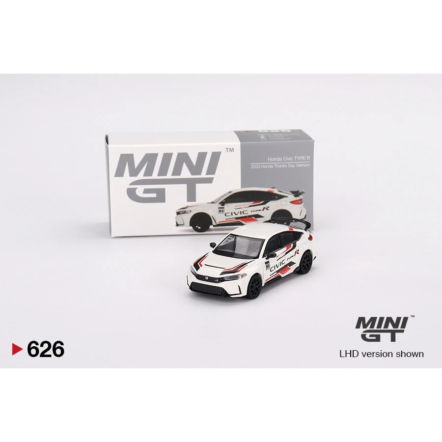 MiniGT 1:64 die-cast Honda Civic Type R in white with red and black 2023 Honda Thanks Day Vietnam event livery, boxed (LHD version shown).