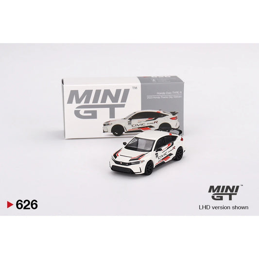 MiniGT 1:64 die-cast Honda Civic Type R in white with red and black 2023 Honda Thanks Day Vietnam event livery, boxed (LHD version shown).