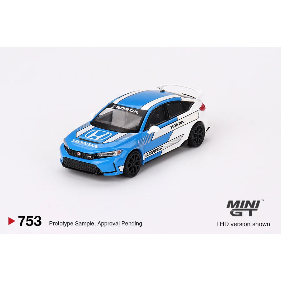 MiniGT 1:64 die-cast model of the Honda Civic Type R #3 in 2023 Pace Car Blue with premium detailing and packaging.