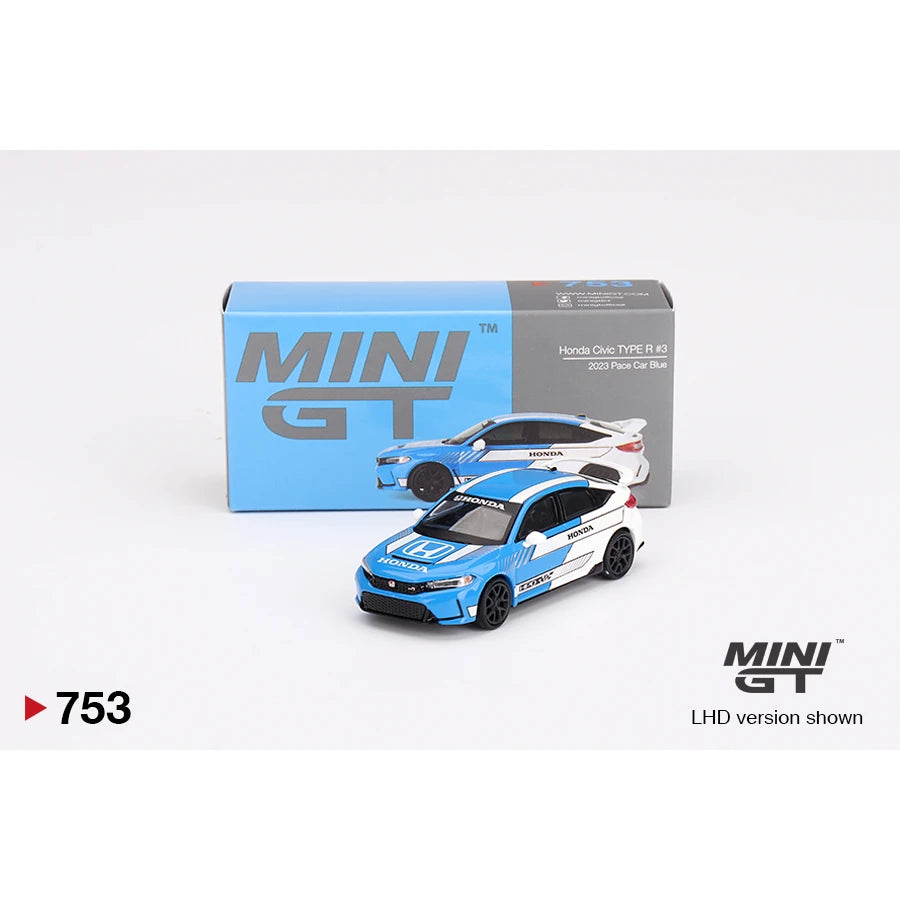 MiniGT 1:64 die-cast model of the Honda Civic Type R #3 in 2023 Pace Car Blue with premium detailing and packaging.