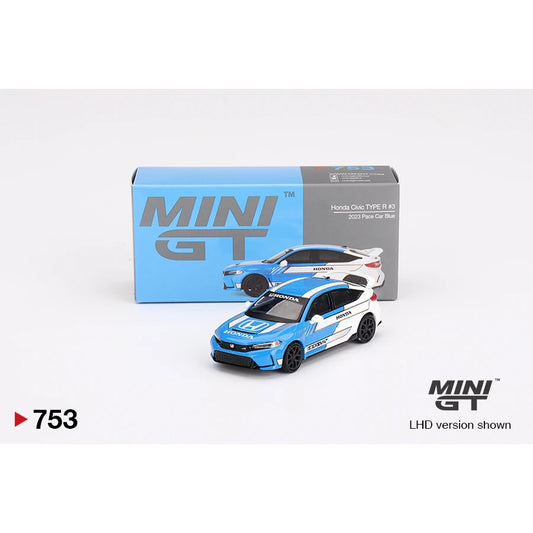 MiniGT 1:64 die-cast model of the Honda Civic Type R #3 in 2023 Pace Car Blue with premium detailing and packaging.