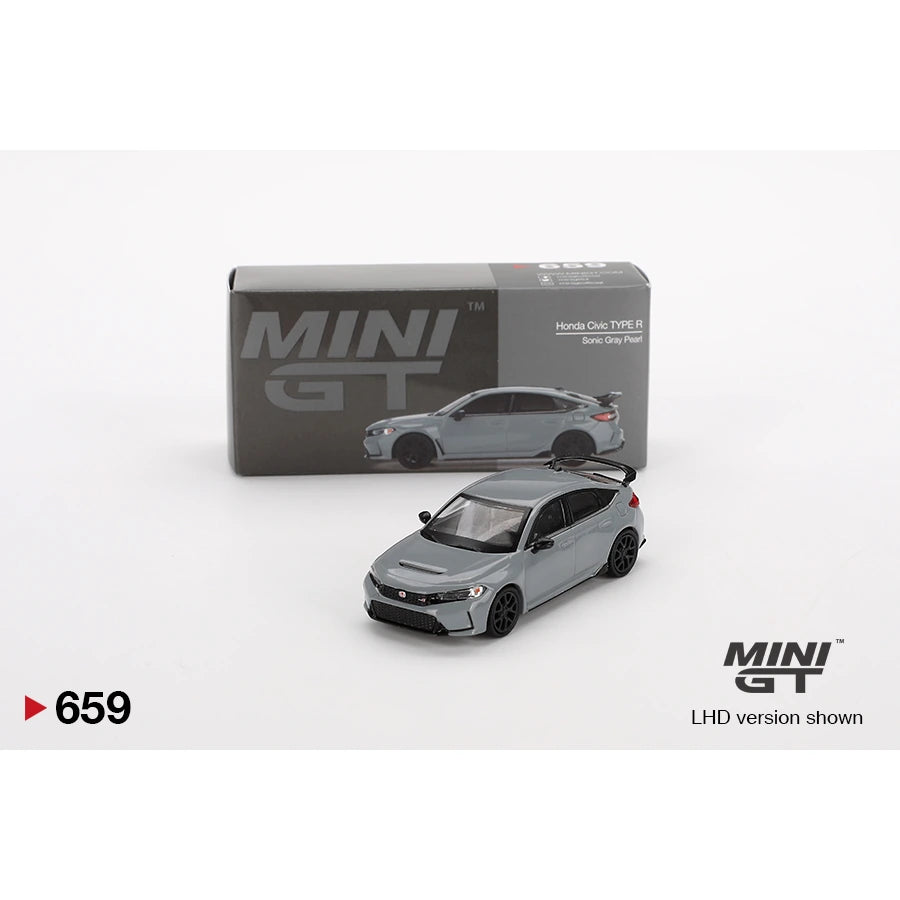 MiniGT 1:64 scale die-cast model of Honda Civic Type R in Sonic Gray Pearl finish, FL5 generation.