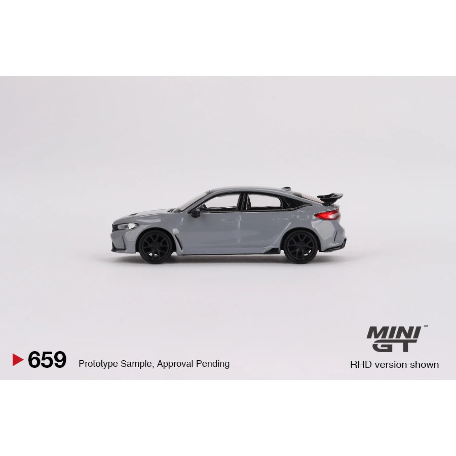 MiniGT 1:64 scale die-cast model of Honda Civic Type R in Sonic Gray Pearl finish, FL5 generation.