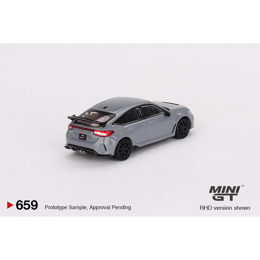 MiniGT 1:64 scale die-cast model of Honda Civic Type R in Sonic Gray Pearl finish, FL5 generation.