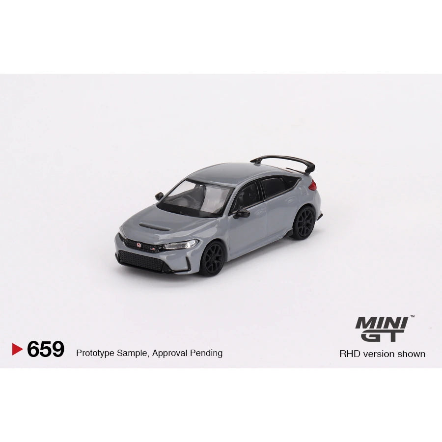 MiniGT 1:64 scale die-cast model of Honda Civic Type R in Sonic Gray Pearl finish, FL5 generation.