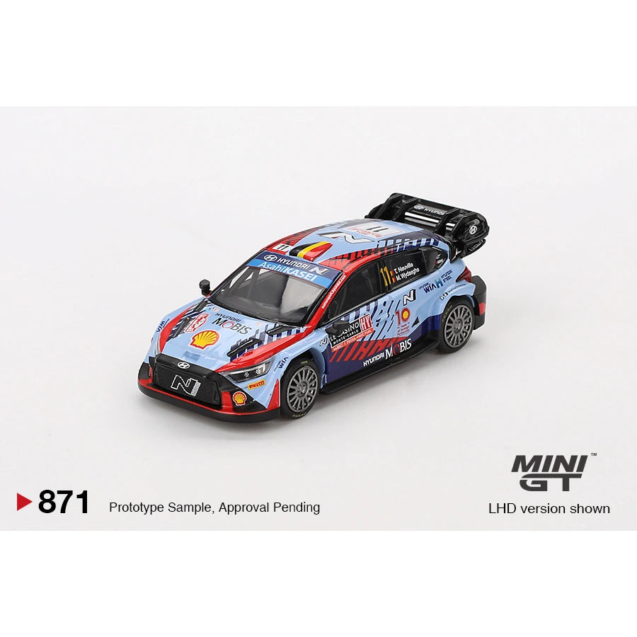 MiniGT 1:64 scale die-cast model of Hyundai i20 N Rally1 Hybrid #11, 2024 Rallye Monte-Carlo Winner edition.