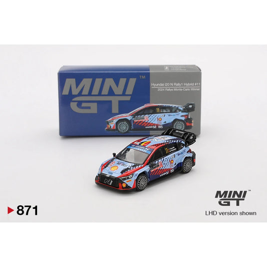 MiniGT 1:64 scale die-cast model of Hyundai i20 N Rally1 Hybrid #11, 2024 Rallye Monte-Carlo Winner edition.
