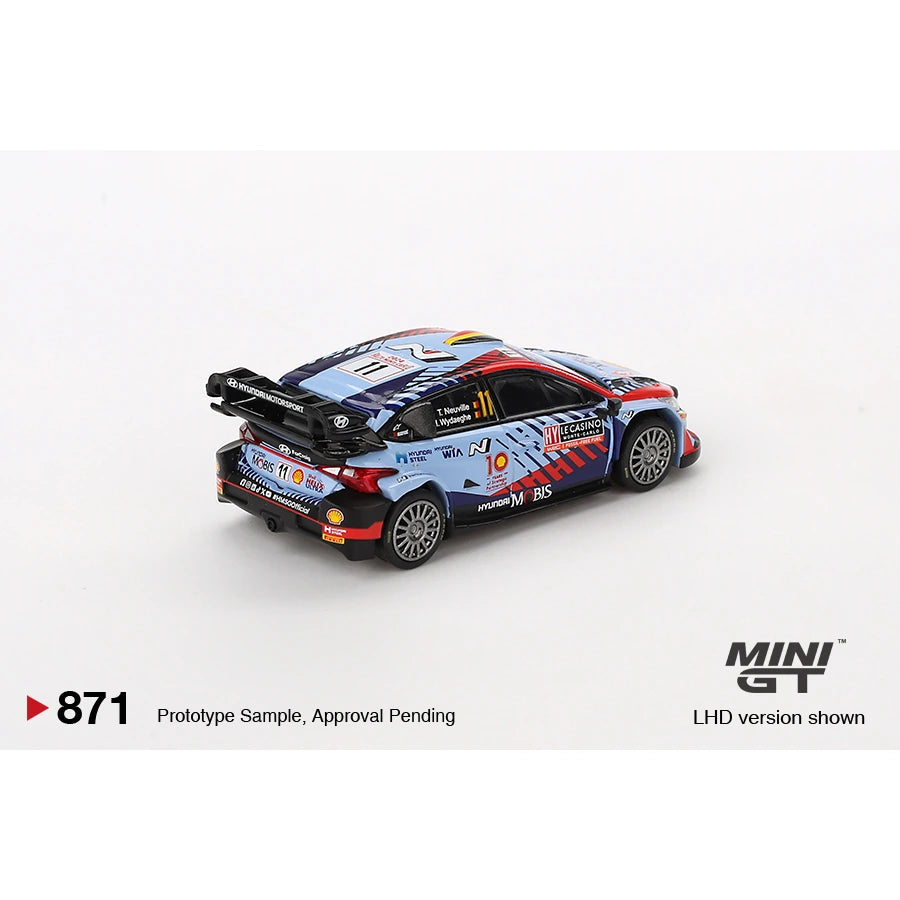 MiniGT 1:64 scale die-cast model of Hyundai i20 N Rally1 Hybrid #11, 2024 Rallye Monte-Carlo Winner edition.