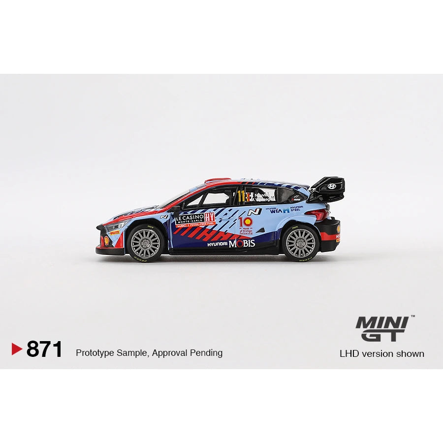 MiniGT 1:64 scale die-cast model of Hyundai i20 N Rally1 Hybrid #11, 2024 Rallye Monte-Carlo Winner edition.