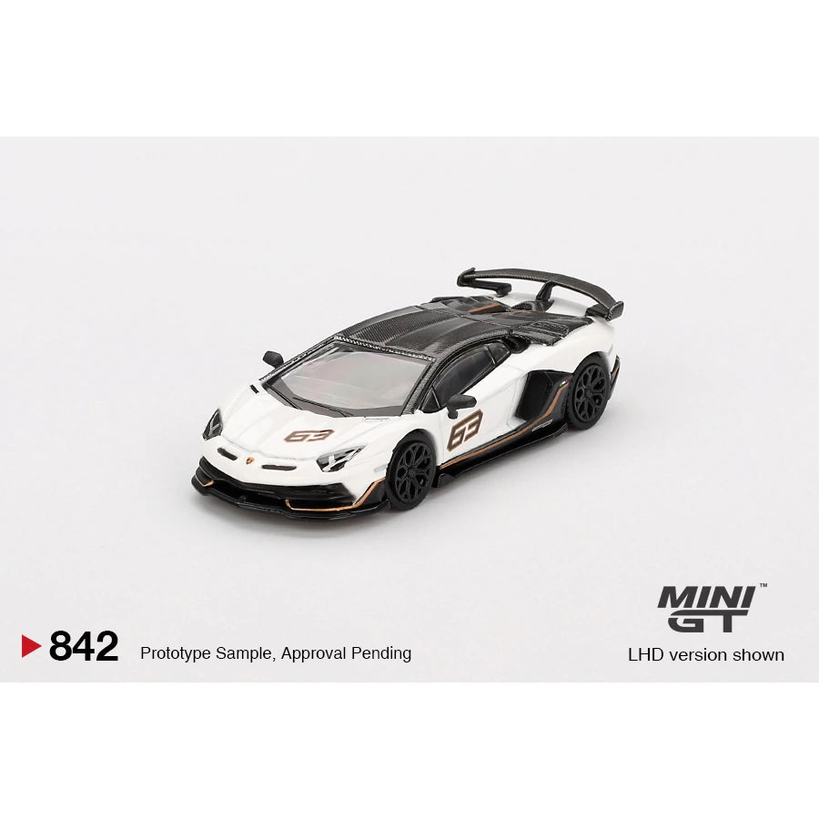 MiniGT 1:64 Lamborghini Aventador SVJ in Blanco Asopo livery with box, LHD version shown.