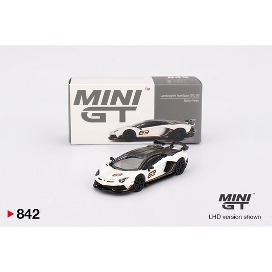 MiniGT 1:64 Lamborghini Aventador SVJ in Blanco Asopo livery with box, LHD version shown.