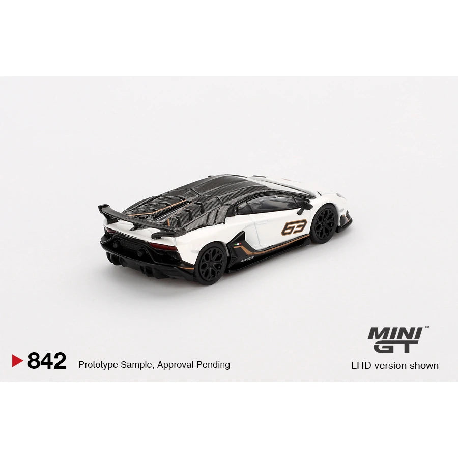 MiniGT 1:64 Lamborghini Aventador SVJ in Blanco Asopo livery with box, LHD version shown.