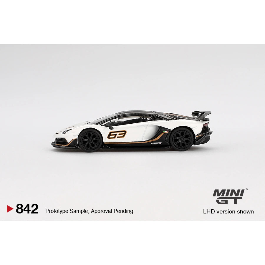 MiniGT 1:64 Lamborghini Aventador SVJ in Blanco Asopo livery with box, LHD version shown.
