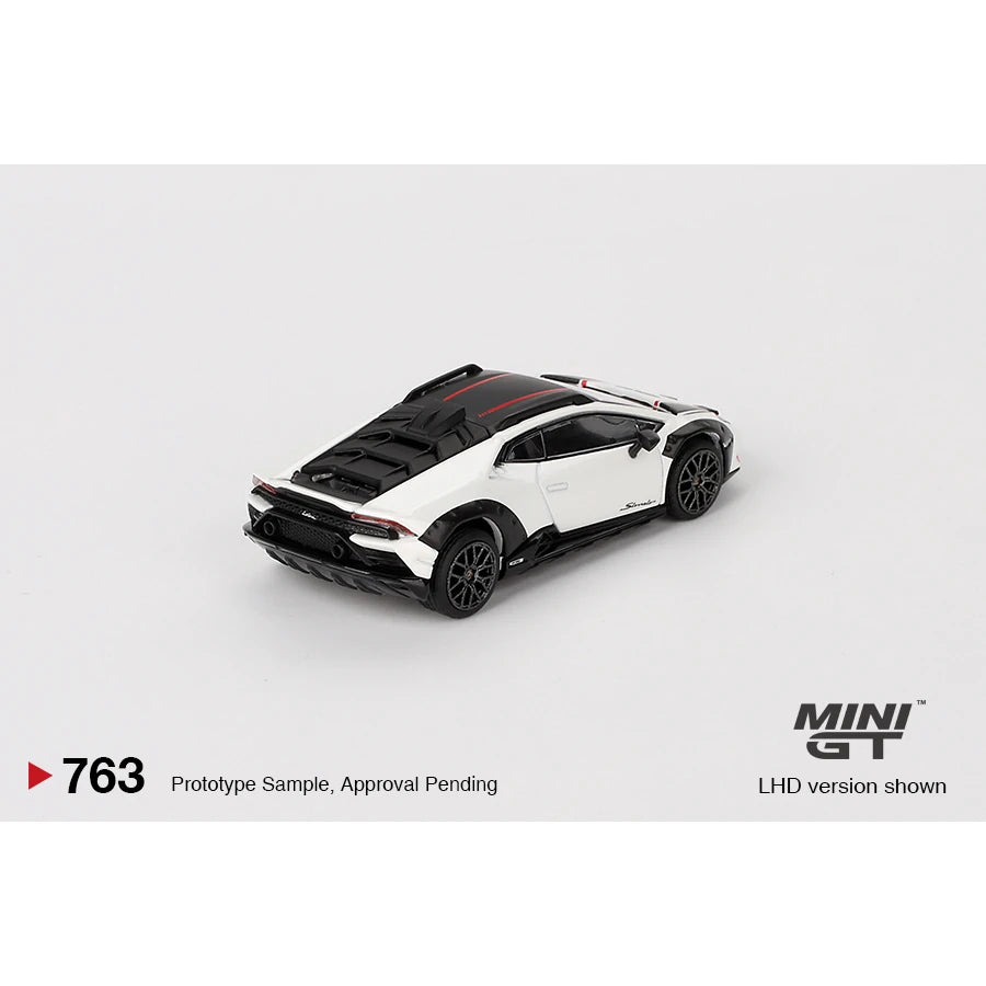 MiniGT 1:64 Lamborghini Huracán Sterrato in Blanco Asopo livery with box.
