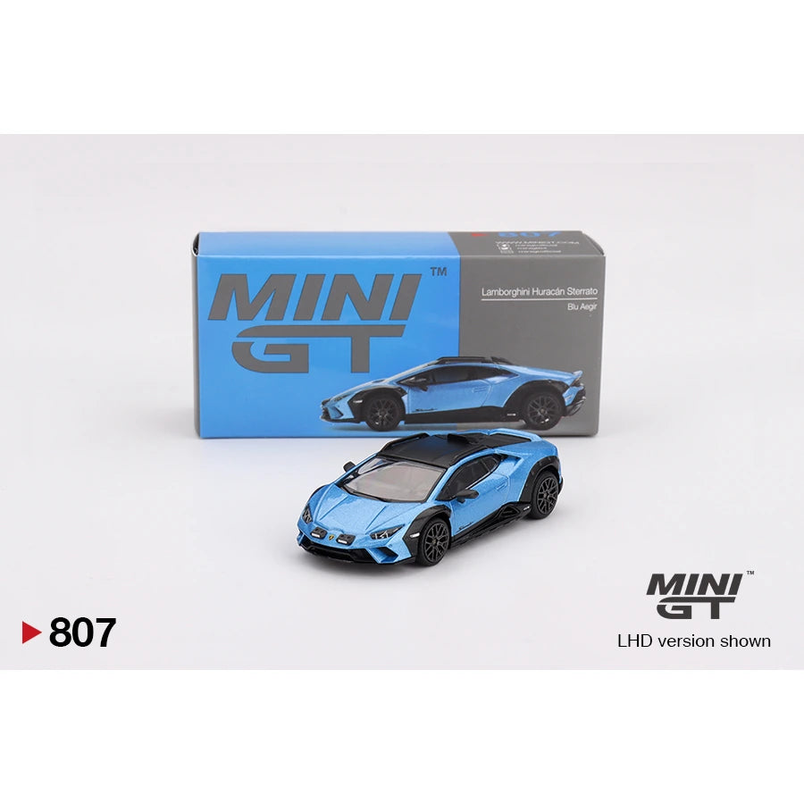MiniGT 1:64 scale die-cast model of Lamborghini Huracán Sterrato in Blu Aegir with LHD configuration.