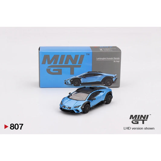 MiniGT 1:64 scale die-cast model of Lamborghini Huracán Sterrato in Blu Aegir with LHD configuration.