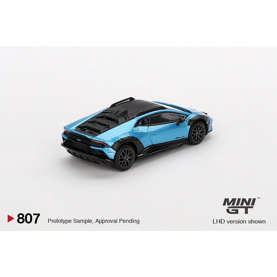 MiniGT 1:64 scale die-cast model of Lamborghini Huracán Sterrato in Blu Aegir with LHD configuration.