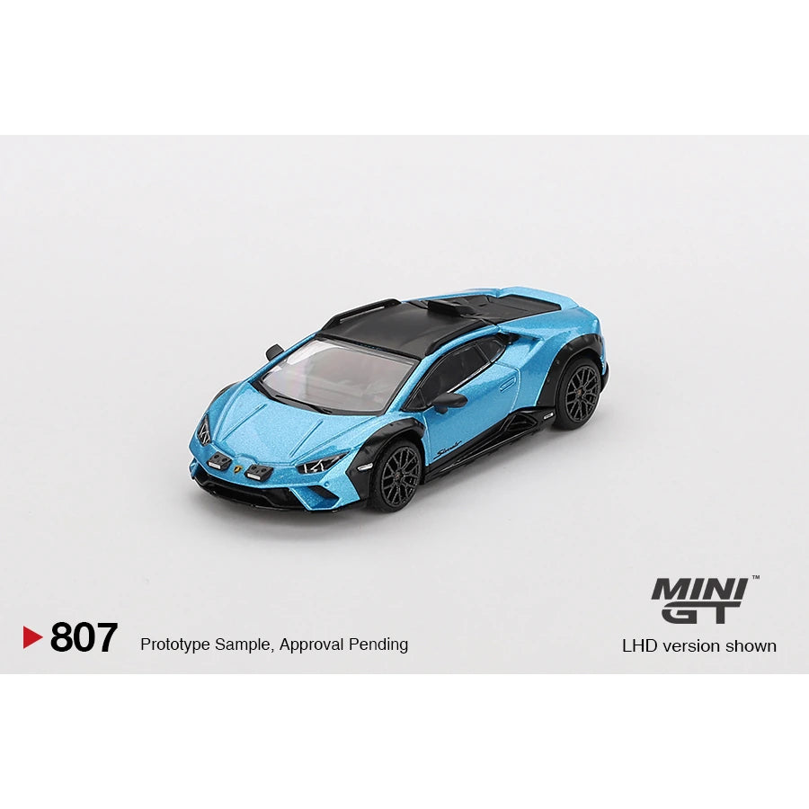 MiniGT 1:64 scale die-cast model of Lamborghini Huracán Sterrato in Blu Aegir with LHD configuration.