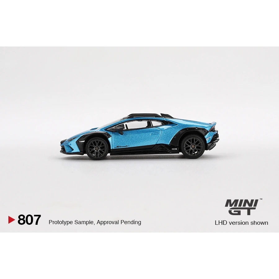 MiniGT 1:64 scale die-cast model of Lamborghini Huracán Sterrato in Blu Aegir with LHD configuration.
