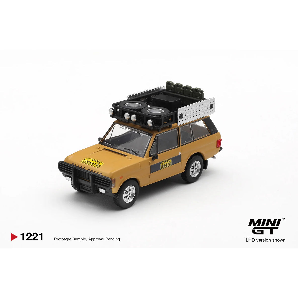 Mini GT 1:64 Land Rover Range Rover Camel Trophy K. Stoppa and A. Valldorf Sumatra 1981 yellow off-road diecast model side view MGT01221-L