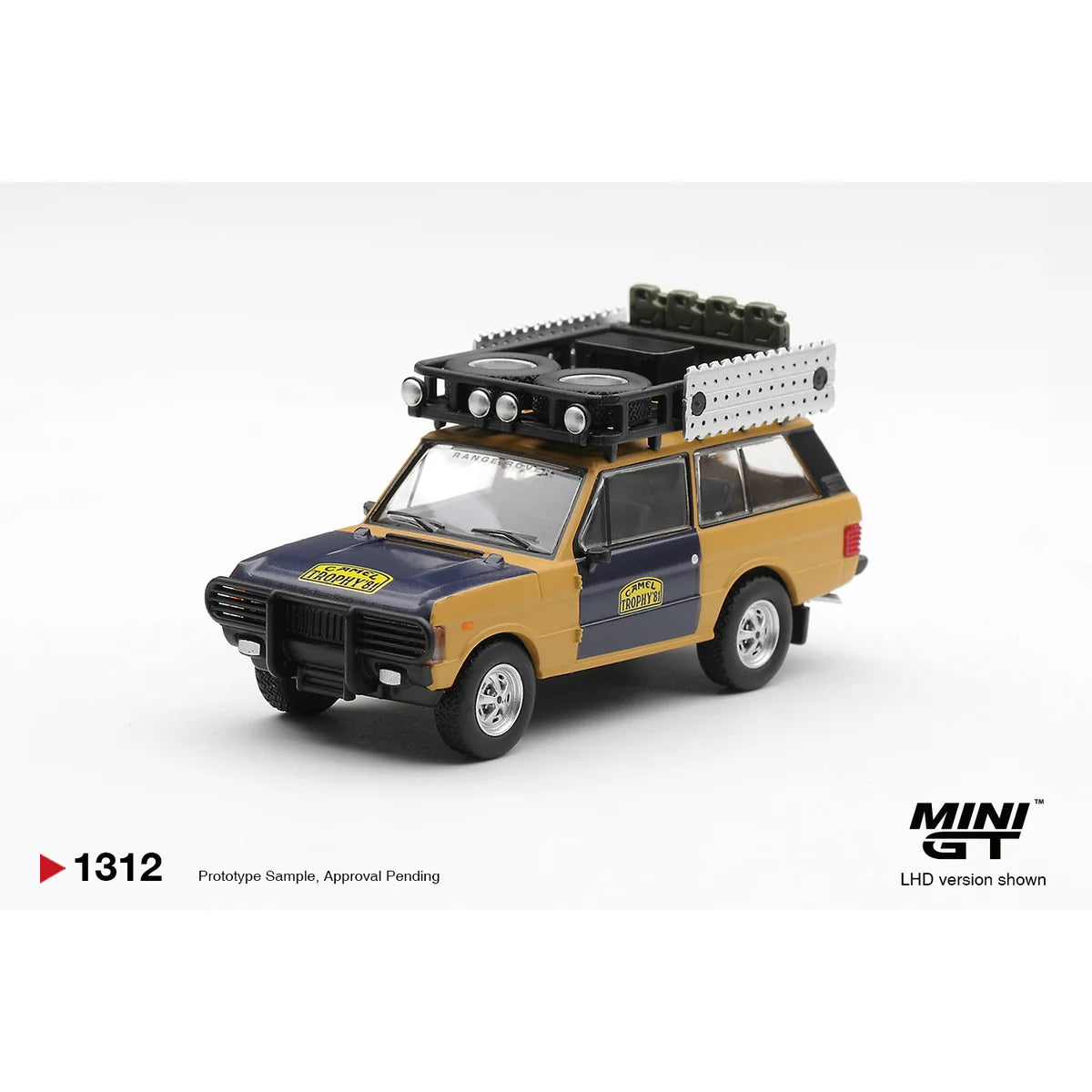 Mini GT 1:64 Land Rover Range Rover Camel Trophy Sumatra 1981 yellow and blue off-road diecast model with expedition roof rack MGT01312-L