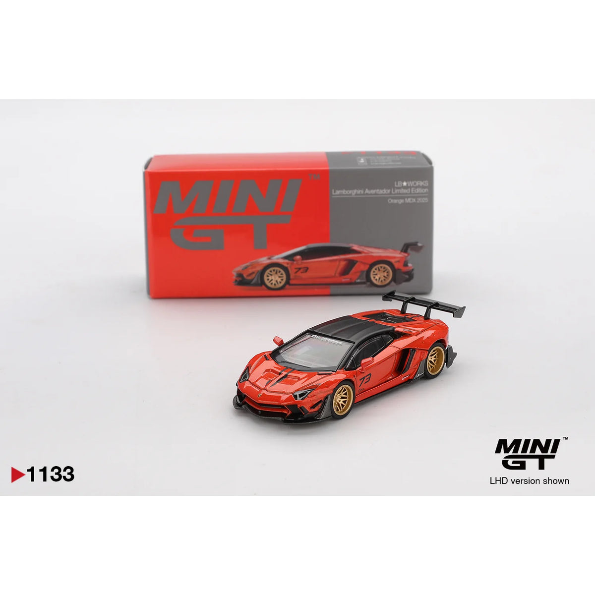Mini GT 1:64 LB★WORKS Lamborghini Aventador Limited Edition Orange MDX 2025 MGT01133 die-cast model.
