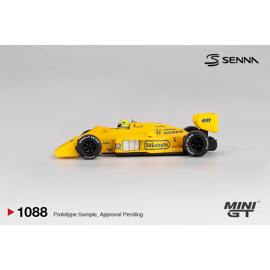 MINI GT 1:64 Lotus 99T number 12 driven by Ayrton Senna, winner of the 1987 Monaco Grand Prix.
