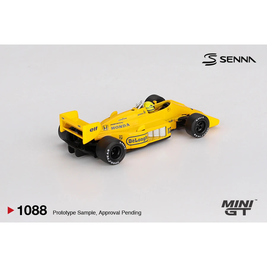 MINI GT 1:64 Lotus 99T number 12 driven by Ayrton Senna, winner of the 1987 Monaco Grand Prix.