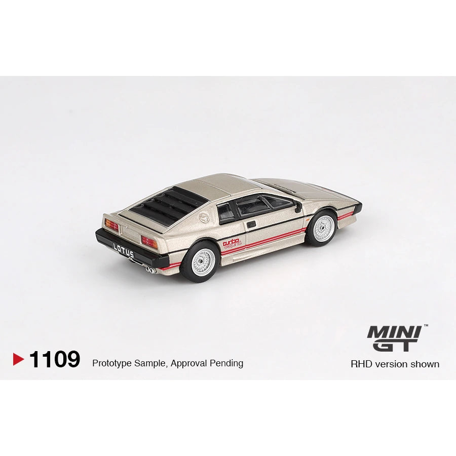 MiniGT 1:64 scale die-cast model of Lotus Esprit Turbo in metallic silver with red stripes – #1109