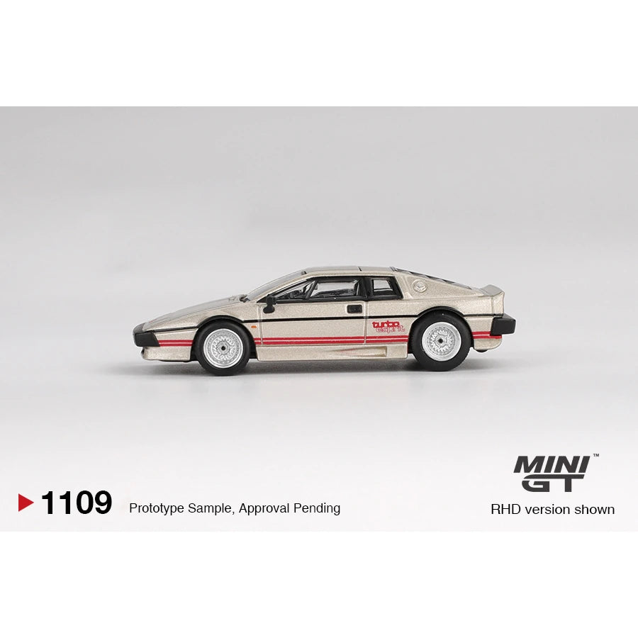 MiniGT 1:64 scale die-cast model of Lotus Esprit Turbo in metallic silver with red stripes – #1109