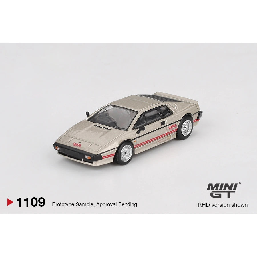 MiniGT 1:64 scale die-cast model of Lotus Esprit Turbo in metallic silver with red stripes – #1109