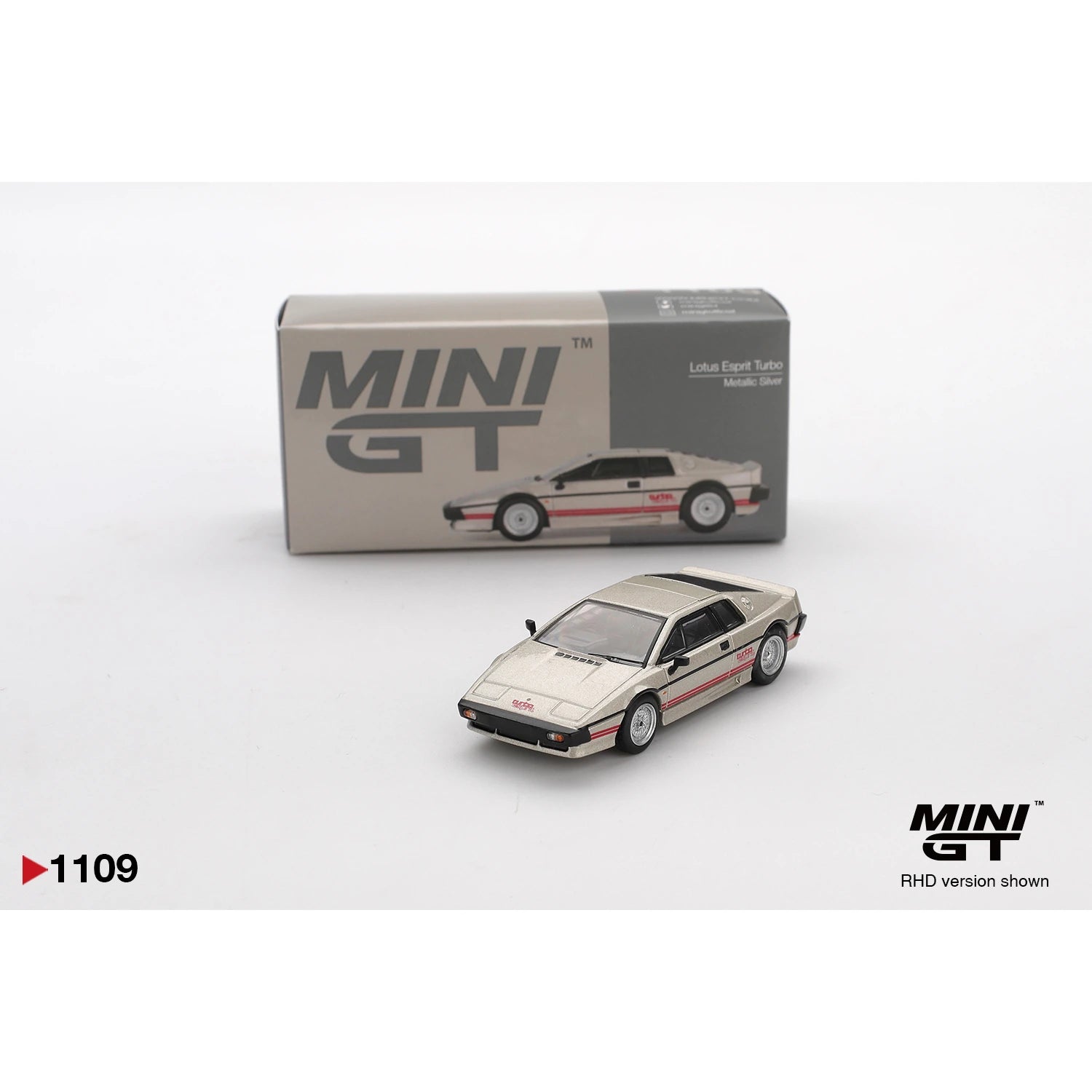 MiniGT 1:64 scale die-cast model of Lotus Esprit Turbo in metallic silver with red stripes – #1109