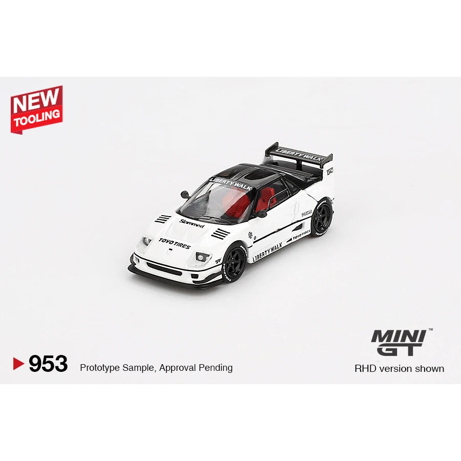MiniGT 1:64 scale Mazda AZ-1 Liberty Walk LB40 die-cast model in white from the 2024 Tokyo Auto Salon, #953.