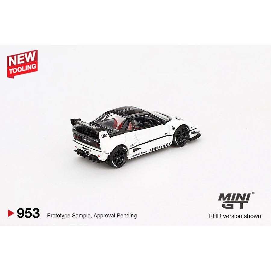 MiniGT 1:64 scale Mazda AZ-1 Liberty Walk LB40 die-cast model in white from the 2024 Tokyo Auto Salon, #953.