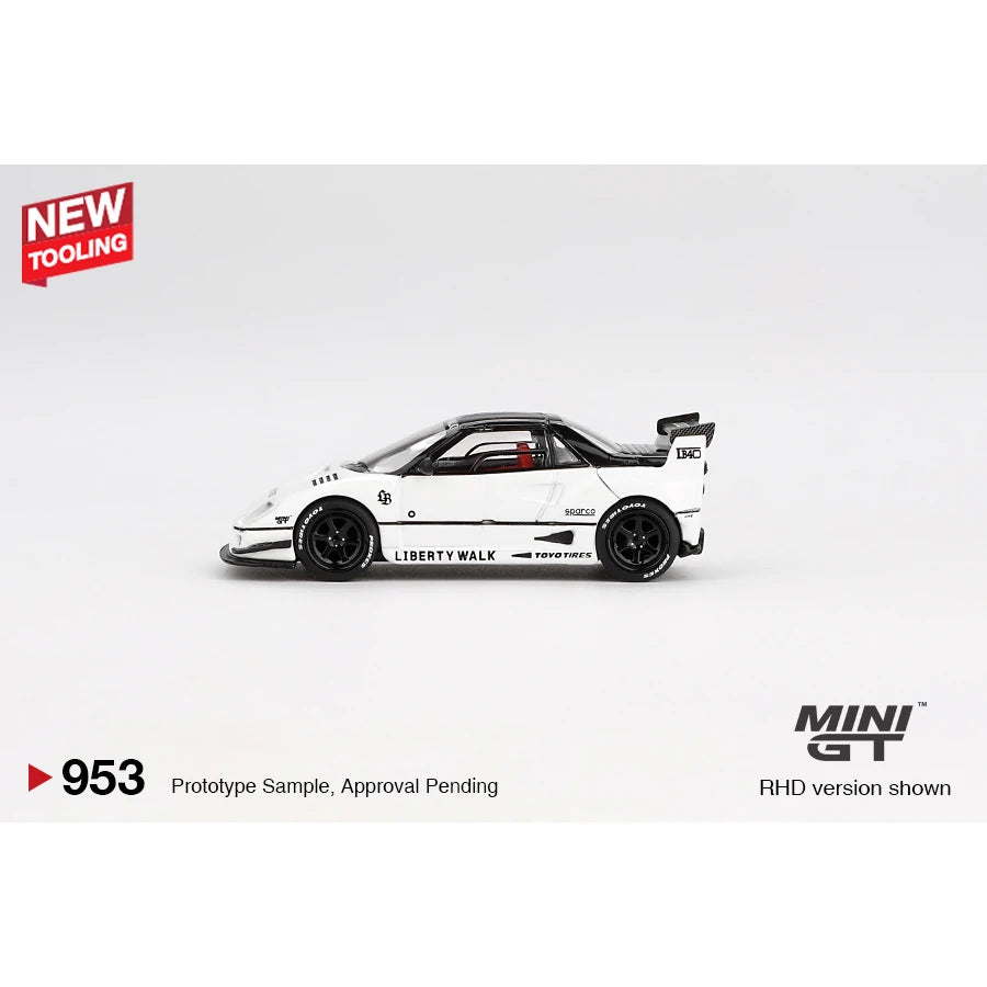 MiniGT 1:64 scale Mazda AZ-1 Liberty Walk LB40 die-cast model in white from the 2024 Tokyo Auto Salon, #953.